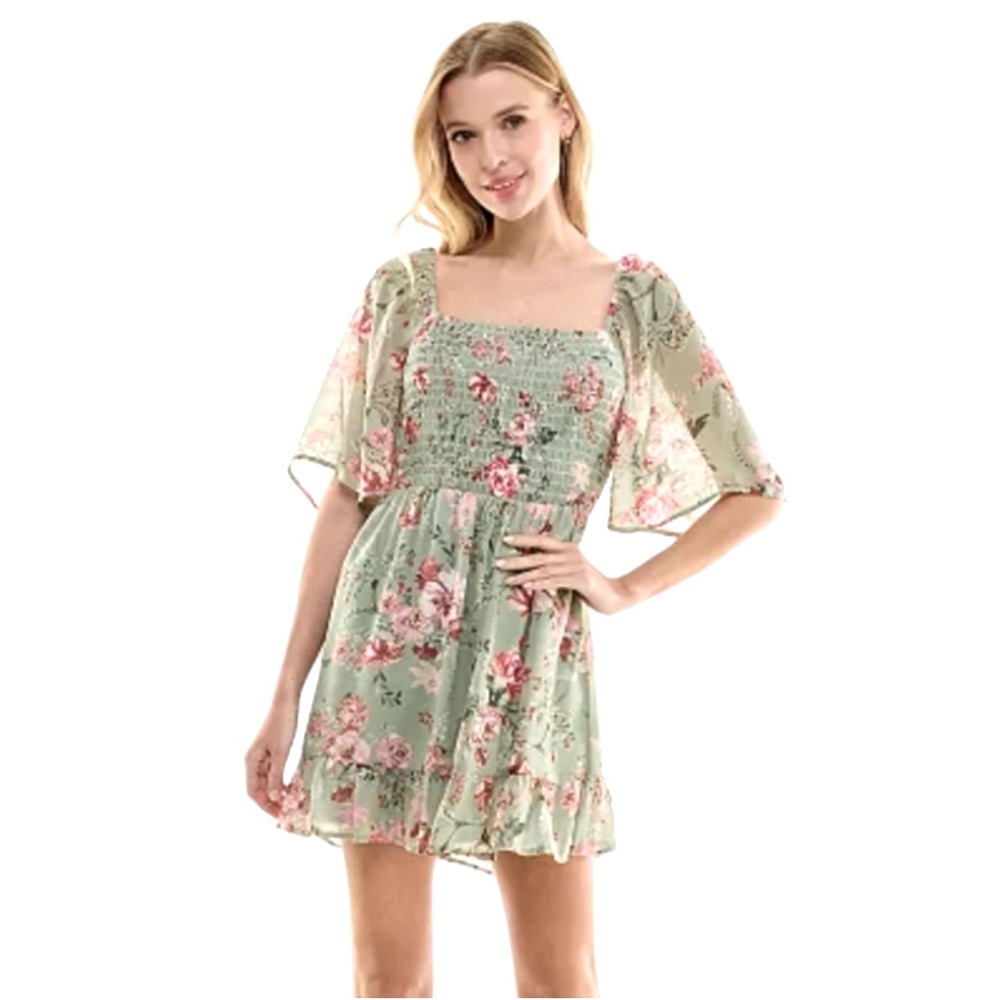 NWT Lily Rose Green Floral Smocked Bodice Tie Back Dress (Size XXL)